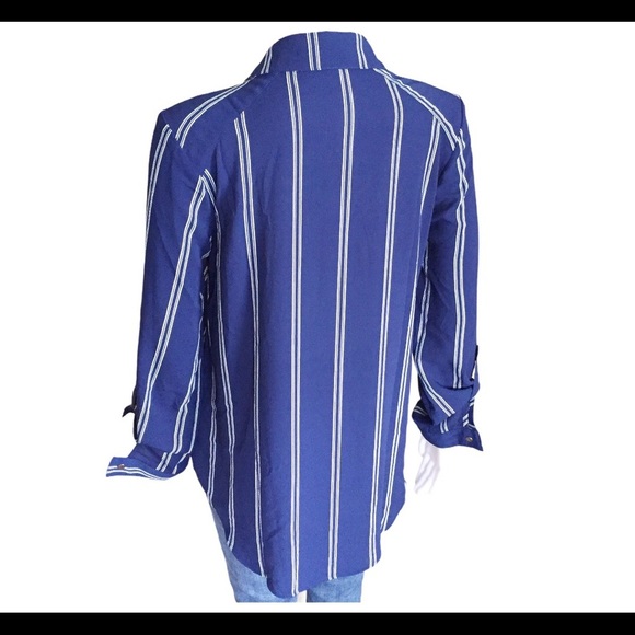 MINE Pinstripe Button Down Blouse With Adjustable Sleeve Length Navy Blue Size M - Picture 4 of 10